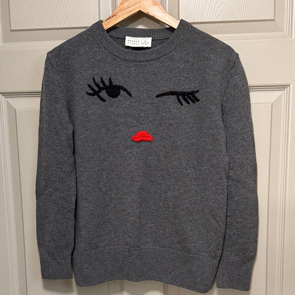 Kate Spade Broome Street Gray Wool Blend Winking Eye Red Lips Sweater Size S - Picture 1 of 4